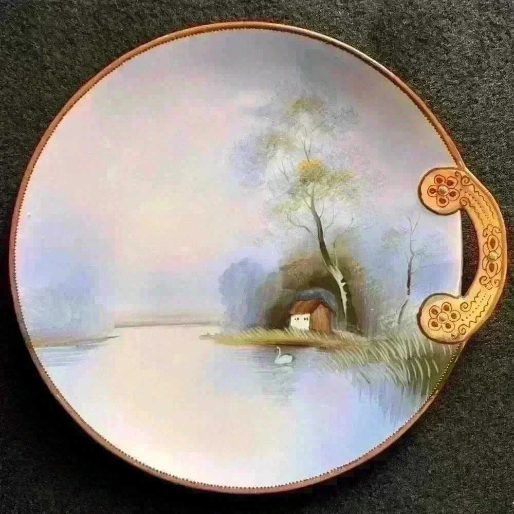 Vintage Noritake Decorative Plates- Pond Scene with Swans- Set of Two